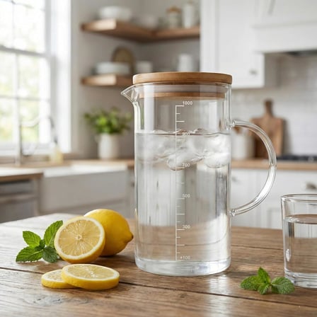 1000ml Bambu Kapaklı Cam Ölçü Kabı – Dayanıklı ve Şeffaf Sıvı &amp; Kuru Malzeme Ölçme Kabı | Mutfak İçin Hassas Ölçüm ve Saklama Çözümü 1000ml - Cam Sürahi Ölçü Kabı