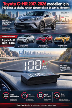 Toyota C-HR 2017-2026 modeller için OBD2 head up display hayalet gösterge ekranı ön cam hız göstergesi