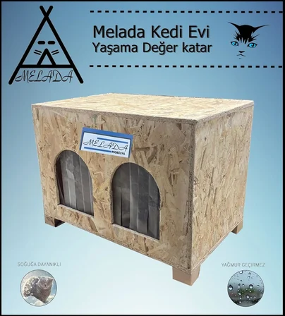 Kedi Evi Dış Ortam Uygun Ahşap Kedi Evi Double OSB 61x41x36 cm (Demonte)