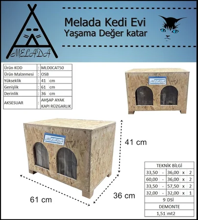 Kedi Evi Dış Ortam Uygun Ahşap Kedi Evi Double OSB 61x41x36 cm (Demonte)