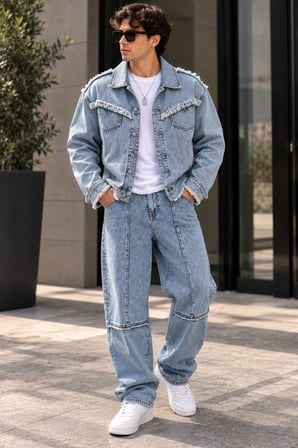 Erkek Açık Mavi Denim Takım Püsküllü Jean Ceket ve Baggy Bol Paça Pantolon Oversize İkili Takım
