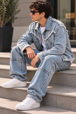 Erkek Açık Mavi Denim Takım Püsküllü Jean Ceket ve Baggy Bol Paça Pantolon Oversize İkili Takım