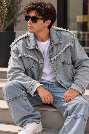 Erkek Açık Mavi Denim Takım Püsküllü Jean Ceket ve Baggy Bol Paça Pantolon Oversize İkili Takım