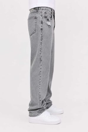 Erkek Gri Yıkamalı Bol Paça Jean Pantolon Oversize Baggy Rahat Kesim Kot Pantolon