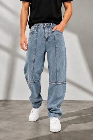 Erkek Baggy Jean Pantolon Bol Kesim Yıkamalı Desenli Dikiş Detaylı Oversize Kot Pantolon