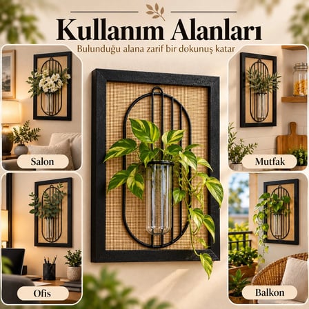 Siyah Ahşap Çerçeveli Hasır Zeminli Metal Detaylı Tüp Vazolu Dekoratif Duvar Tablosu - 21x30 cm