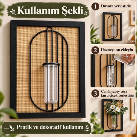 Siyah Ahşap Çerçeveli Hasır Zeminli Metal Detaylı Tüp Vazolu Dekoratif Duvar Tablosu - 21x30 cm