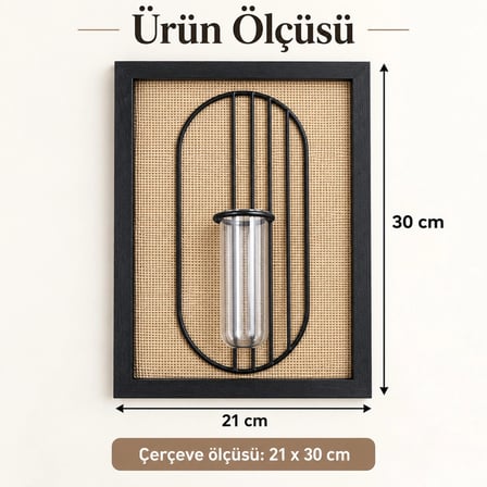 Siyah Ahşap Çerçeveli Hasır Zeminli Metal Detaylı Tüp Vazolu Dekoratif Duvar Tablosu - 21x30 cm