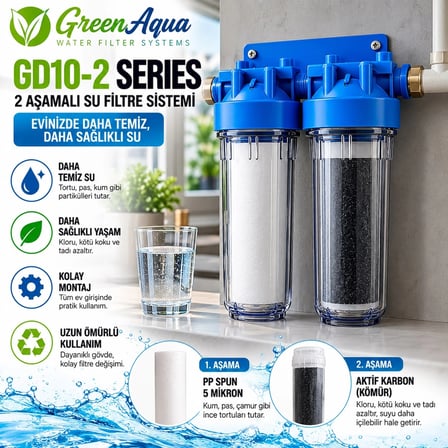 Green Aqua GD10-2 2 Aşamalı 10" Su Arıtma ve Filtre Sistemi – 1" Giriş / Çıkış