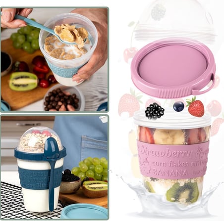 Renkli Take and Go Kaşıklı Hazneli Meyveli Yoğurt Kabı Piknik Iş Atıştırmalık Diyet Müsli Granola Süt Bardağı (Gece Mavisi)