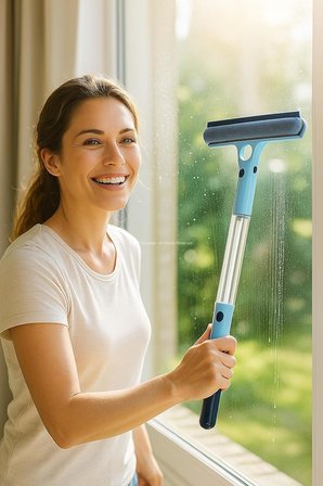 4 in 1 Spreyli Cam Temizleyici Çekçek ve Fırça Aparatı Su Hazneli Pratik Camsil Çok Fonksiyonlu Pencere Banyo Ayna Temizlik Aracı