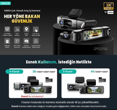 Botslab Ses Kontrolü,4 Kanallı 3,18 inç Dokunmatik Ekran, 2160P + 1080P + 1080P Ön ve Arka İç Döngü Kaydı, 5,8 GHz WiFi, GPS, Gece Görüşü, WDR, Park Modu ile 4K Araç Kamerası 128 Gb Hafıza Kartlı