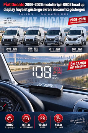 Fiat Ducato 2006-2026 modeller için OBD2 head up display hayalet gösterge ekranı ön cam hız göstergesi