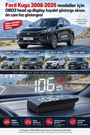 Ford Kuga 2008-2026 modeller için OBD2 head up display hayalet gösterge ekranı ön cam hız göstergesi