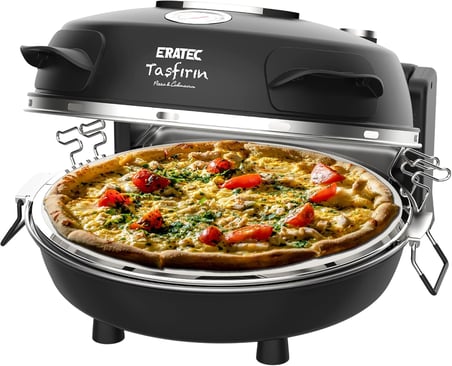 ERATEC - Pizza fırını, SET-PM-27. 400°C'ye kadar sıcaklık, 5 pişirme kademesi, pizza 4 dakika hazır, aksesuarlar dahil: 32 cm ateşe dayanıklı taş plaka, XXL tava eklentisi, pizza küreği, pizza kesici.