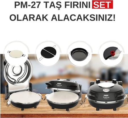 ERATEC - Pizza fırını, SET-PM-27. 400°C'ye kadar sıcaklık, 5 pişirme kademesi, pizza 4 dakika hazır, aksesuarlar dahil: 32 cm ateşe dayanıklı taş plaka, XXL tava eklentisi, pizza küreği, pizza kesici.