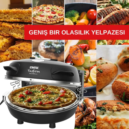ERATEC - Pizza fırını, SET-PM-27. 400°C'ye kadar sıcaklık, 5 pişirme kademesi, pizza 4 dakika hazır, aksesuarlar dahil: 32 cm ateşe dayanıklı taş plaka, XXL tava eklentisi, pizza küreği, pizza kesici.