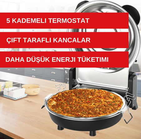 ERATEC - Pizza fırını, SET-PM-27. 400°C'ye kadar sıcaklık, 5 pişirme kademesi, pizza 4 dakika hazır, aksesuarlar dahil: 32 cm ateşe dayanıklı taş plaka, XXL tava eklentisi, pizza küreği, pizza kesici.