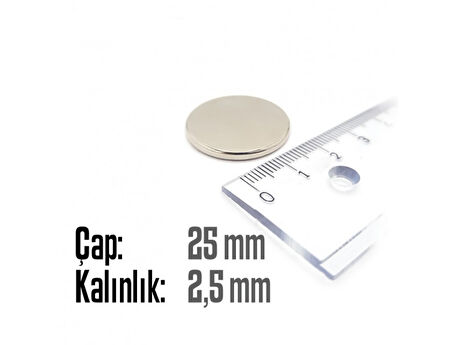 Neodyum Mıknatıs Silindir Çap 25mm , Kalınlık 2.5mm   ( 2 Adet)