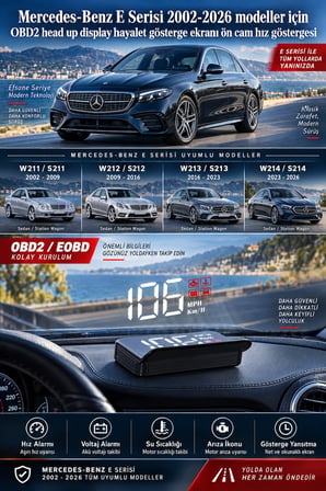 Mercedes-Benz E Serisi 2002-2026 modeller için OBD2 head up display hayalet gösterge ekranı ön cam hız göstergesi