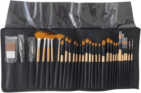 Siyah Çantalı 32 Adet Fırçadan Oluşan Sanat Seti Guaj Akrilik Yağlı Boya Sulu Boyaya Uygun Cırt Bantlı Fırça Bölmeli Çantalı
