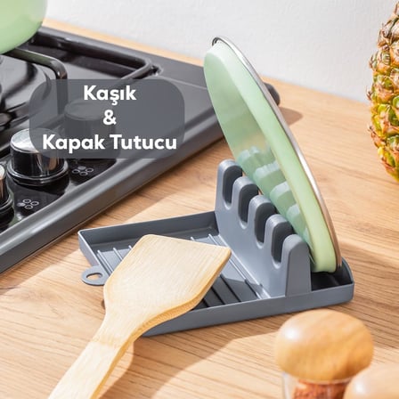 Porsima ORG-85 Kaşık ve Kapak Tutucu - Kapak Standı Kaşık Kepçe Altlığı Düzenleyici Organizer - Antrasit