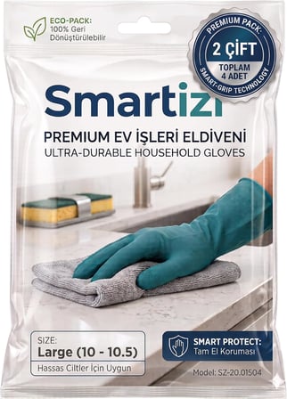 2 Çift Smartizi Bulaşık ve Temizlik Eldiveni (10-10.5 Numara) - Büyük Boy Dayanıklı Doğal