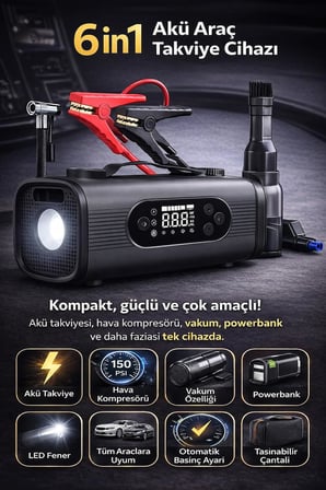 S8 6'sı 1 Arada Akü Takviye ve Hava Kompresörü 150 PSI – Araç Jump Starter, Vakum Özellikli, Powerbank, LED Fener, Otomatik Basınç Ayarlı, Taşınabilir Çok Amaçlı Araç Seti