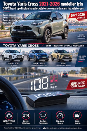 Toyota Yaris Cross 2021-2026 modeller için OBD2 head up display hayalet gösterge ekranı ön cam hız göstergesi