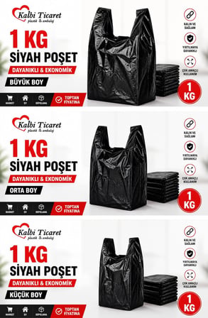 Siyah Kalın Poşet 3'lü Set (KÜÇÜK, ORTA, BÜYÜK)3 Kg Market Manav Poşeti Hışır Atlet Poşet Çöp Poşeti