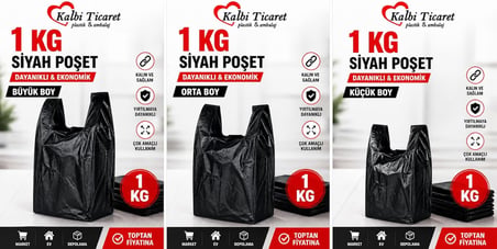 Siyah Kalın Poşet 3'lü Set (KÜÇÜK, ORTA, BÜYÜK)3 Kg Market Manav Poşeti Hışır Atlet Poşet Çöp Poşeti