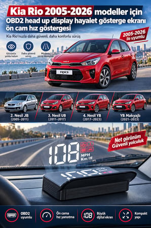 Kia Rio 2005-2026 modeller için OBD2 head up display hayalet gösterge ekranı ön cam hız göstergesi