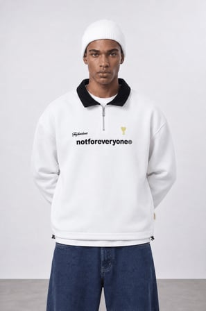 Erkek Not For Everyone Nakışlı Polo Yaka Oversize Sweatshirt Ekru