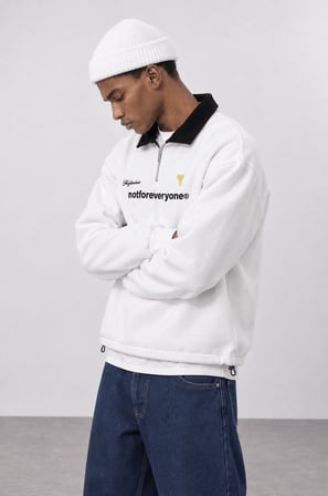 Erkek Not For Everyone Nakışlı Polo Yaka Oversize Sweatshirt Ekru