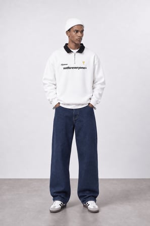 Erkek Not For Everyone Nakışlı Polo Yaka Oversize Sweatshirt Ekru