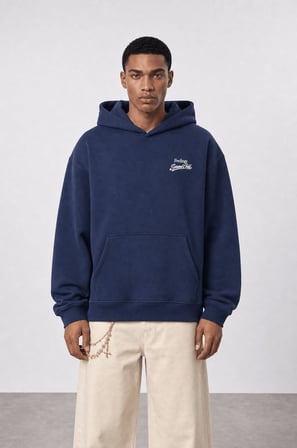 Erkek Served Cold Baskılı Oversize Hoodie Lacivert