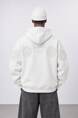 Erkek Rosette Nakışlı Oversize Hoodie Ekru