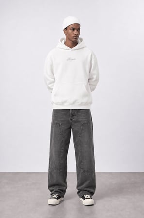 Erkek Rosette Nakışlı Oversize Hoodie Ekru
