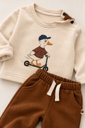 Bebek Takımı | Ördek Baskılı | 6 Ay–4 Yaş | Kız & Erkek | Lacivert, Kahverengi, Bej | RG415