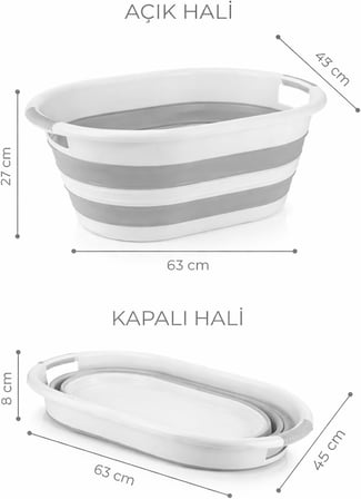 38 Litre Katlanabilir Silikon Çamaşır Sepeti Akordiyon Katlanır Sele Yer Kaplamayan Taşınabilir Ergonomik Kulplu Dayanıklı ve Hafif Depolama Sepeti Banyo ve Ev Kullanımı Kirli Sepeti GRİ, 38 LİTRE)