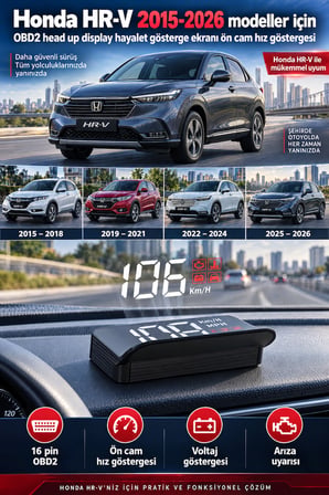 Honda HR-V 2015-2026 modeller için OBD2 head up display hayalet gösterge ekranı ön cam hız göstergesi