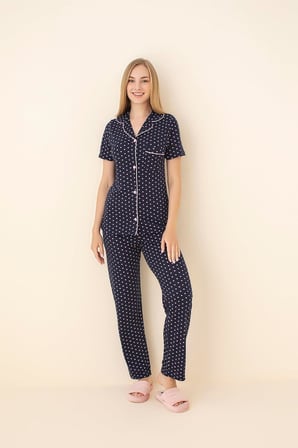 Lacivert Puantiyeli Viskon Pamuklu Biyeli Alt-Üst Pijama Takımı