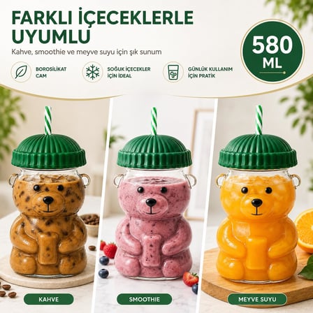 SOGUD Cam Bardak - 580 ml Pipetli Soğuk İçecek Bardağı - Borosilikat Cam Kupa - Ayıcıklı Figürlü Barista Kahve Bardağı - Smoothie Limonata Ice Tea Kokteyl ve Meyve Suyu İçin Yazlık Sunum(Asorti Renk)