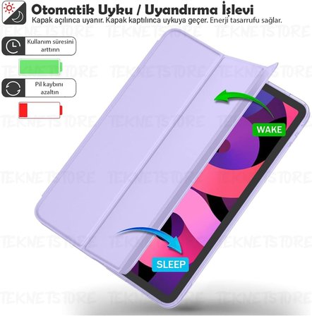iPad Air 11 M2 (2024) / Air 10.9" 5. Nesil (2022) / Air 4. Nesil (2020) ile Uyumlu Kılıf, Kapaklı, Standlı, Uyku Modlu Smart, Lila