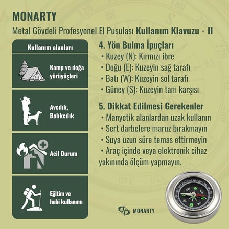 Pusula - Metal Gövdeli Profesyonel 60mm Taşınabilir El Pusulası – Dayanıklı Çelik Kasa, Yuvarlak Cep Pusulası 1 Adet