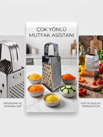 Paslanmaz Çelik 4'ü 1 Arada Rende, Kompakt Tasarım, 18x8x6 cm, Peynir Sebze ve Meyve Rendesi