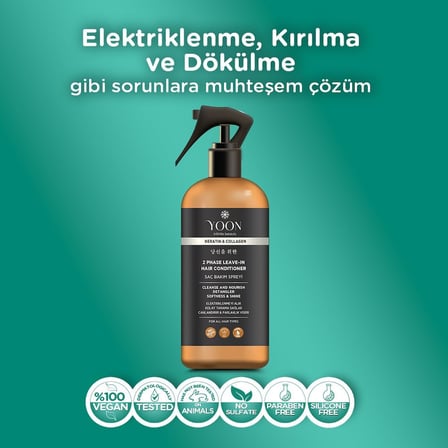 2'si 1 Arada Kolajen &amp; Keratin İçeren Saç Spreyi, Elektriklenme Önleyici ve Kolay Tarama Spreyi, Paraben ve Sülfat İçermeyen Vegan Saç Bakım Spreyi 250ml