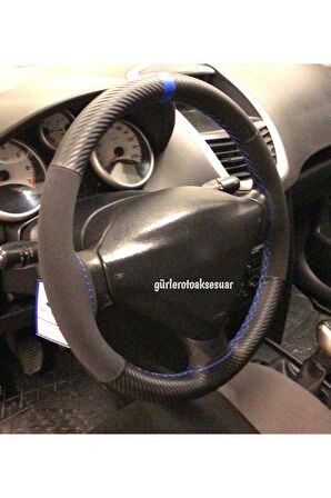 Peugeot 206 Uyumlu Dikmeli Direksiyon Kılıfı Alkantra Karbon Mavi Yüzüklü