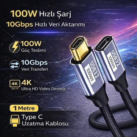 Örgü Kablo 1Mt Type-c Uzatma Kablosu 10Gbps Veri Ve Görüntü Aktarım 5A PD Hızlı Şarj Kablo