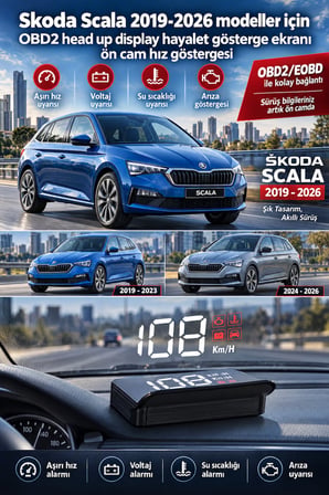 Skoda Scala 2019-2026 modeller için OBD2 head up display hayalet gösterge ekranı ön cam hız göstergesi